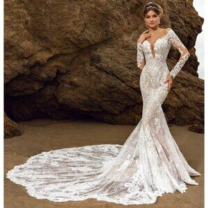 IS-NWT US6 Deep V Wedding Dresses Long Mermaid Long Sleeve Lace Train Appliques